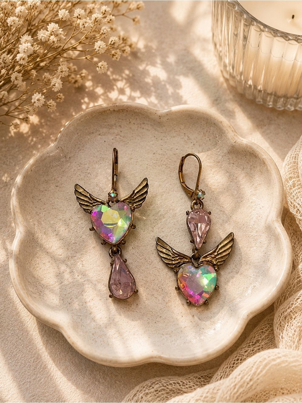 Vintage 2000’s Y2K Betsey Johnson Iridescent Earrings with Pink Teardrops